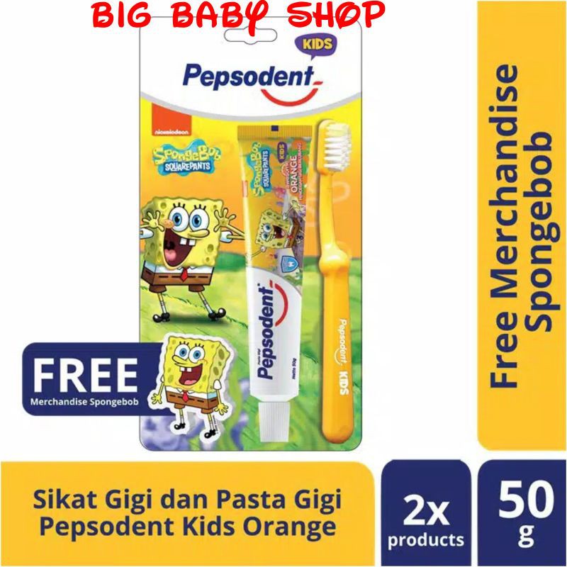 Paket Hemat Pasta Gigi dan Sikat Gigi PEPSODENT KIDS Orange Jeruk dan Strawberry Stroberi SpongeBob