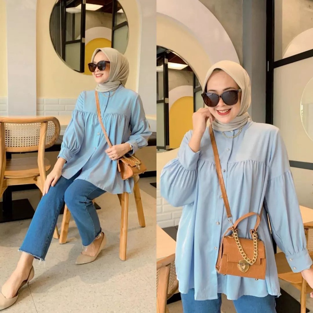 Baju Atasan Terbaru 2022 Alesha Blouse Matt.Katun Rayon Premium Atasan Blouse Wanita Kekinian Atasan Lengan Panjang Kancing Hidup Warna Army Lemon Skin Blue-2