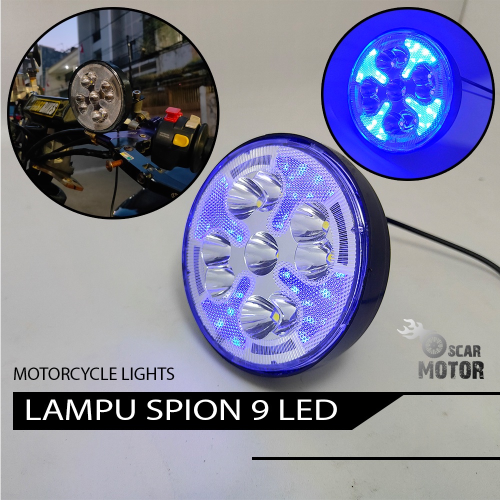 Lampu Sorot Breket Spion 9 Mata Bulat LED Biru Merah new spionlamp 710