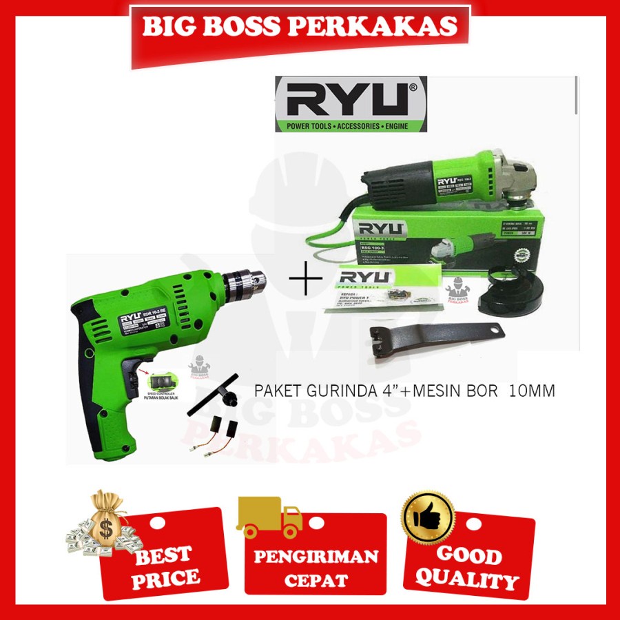 PAKET 2 SET TEKIRO RYU MESIN BOR LISTRIK 10 MM & RYU MESIN GERINDA