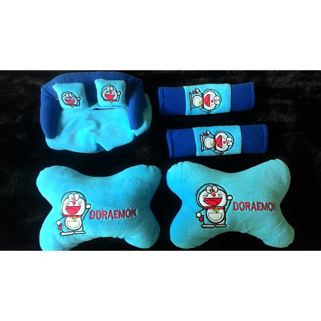 Bantal Mobil DORAEMON Biru 3in1 Car Set Interior Sandaran Kepala Headrest Doraemon Blue