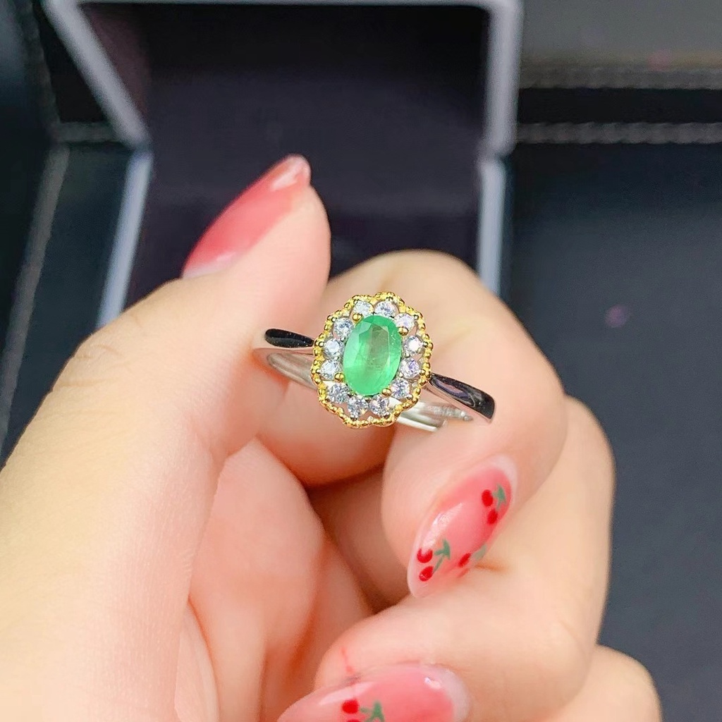 Cincin batu permata hijau atau biru wanita perak 925