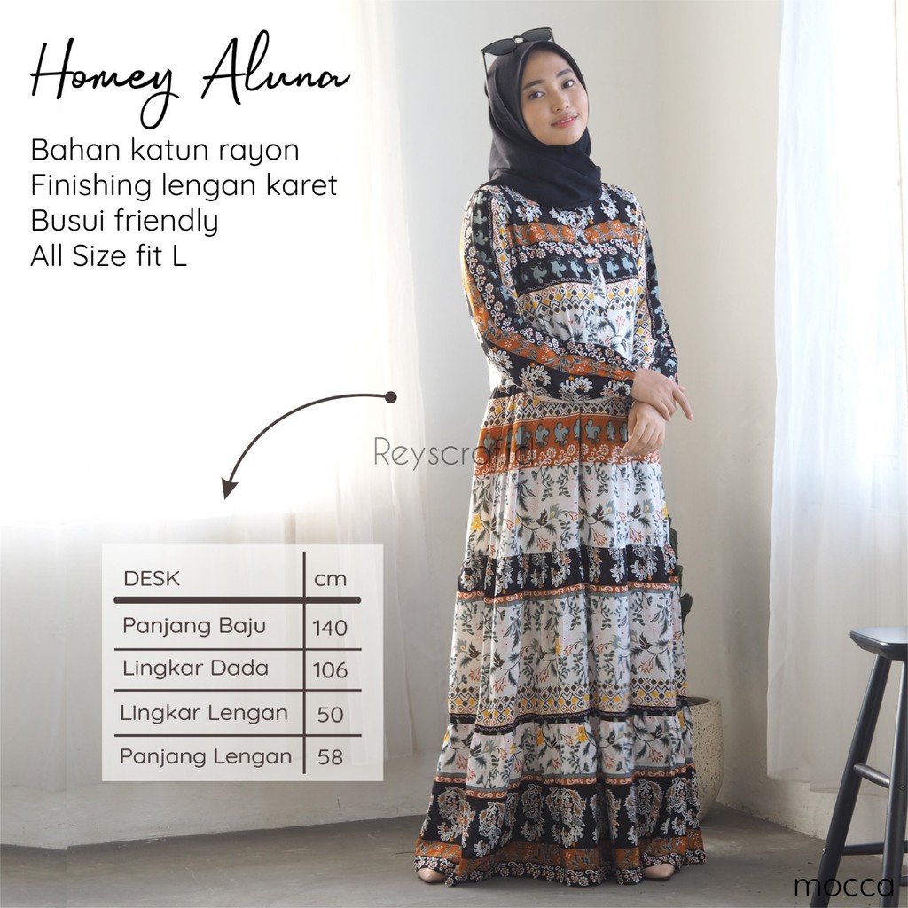 Homey Dress Aluna By Reyscarf Gamis Dewasa Luxury Bahan Rayon Viscose Premium Exclusive Adem Nyaman Dipakai  I  Bisa Cod