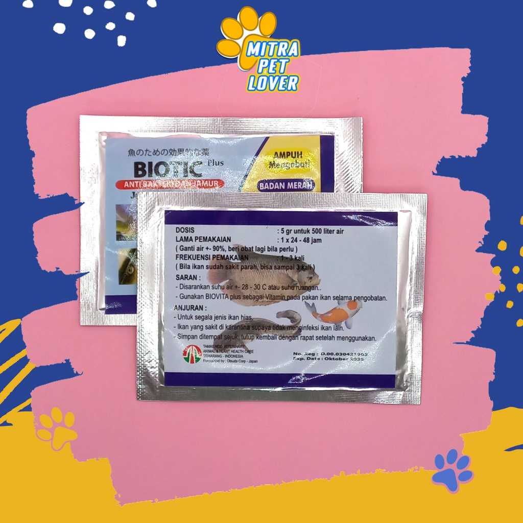 OBAT ANTI BAKTERI &amp; JAMUR IKAN HIAS - BIOTIC PLUS 5 GRAM - SEMBUHKAN SIRIP LUKA INSANG PUTIH , DROPSY SISIK RUSAK FISH &amp; CUPANG - MURAH GARANSI ASLI KUALITAS ORIGINAL PET ANIMAL VETERINARY TAMASINDO VITAMIN BIO TIC HEWAN BINATANG PELIHARAAN MITRAPETLOVER