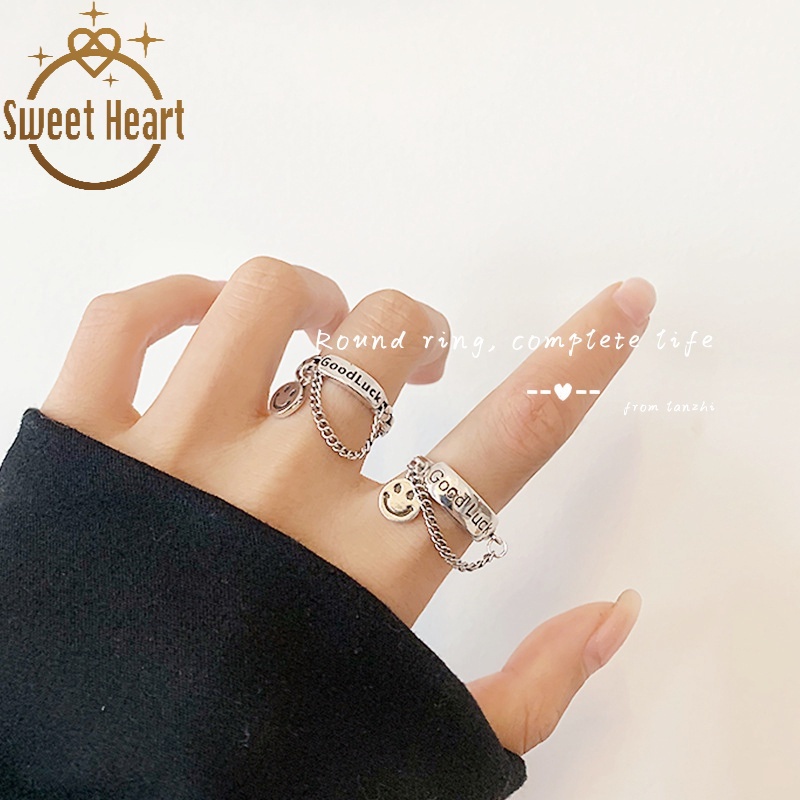 2pcs / Set Cincin Jari Telunjuk Desain Smiley Face Gaya Retro Korea Hip Hop Untuk Wanita