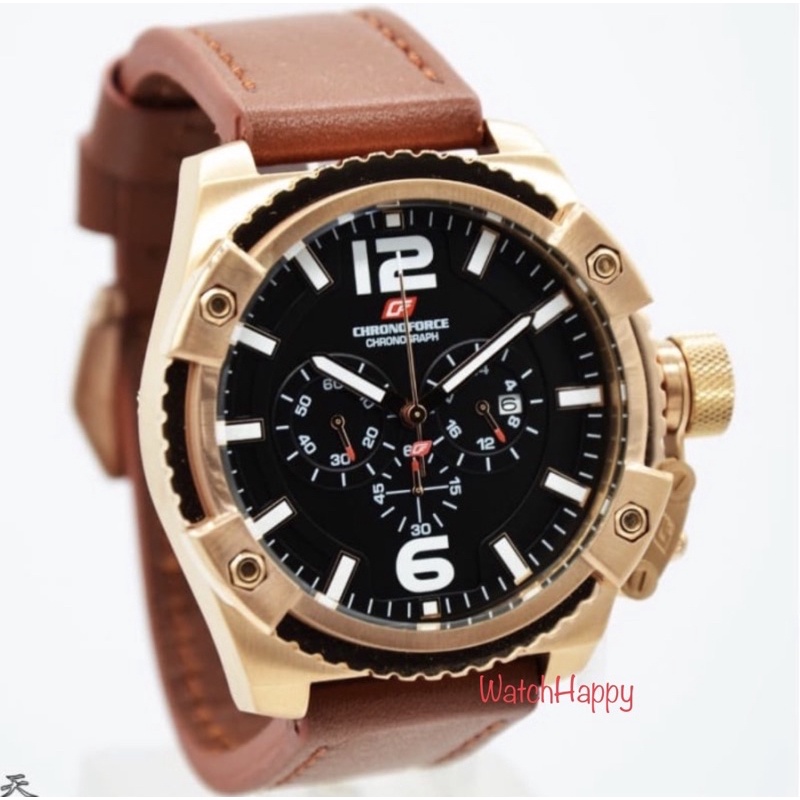 WatchHappy Chronoforce 5263 5263G CF 5263 Mens Watch Chrono Sport Black Dial Leather Brown Original