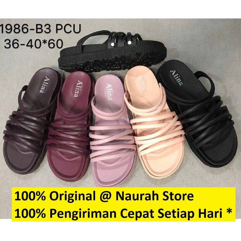 SENDAL WANITA SLOP TALI BANYAK ALINA F 1986 WEDGES JELLY TEBAL KUALITAS BAGUS TAHAN LAMA ANTI SLIP