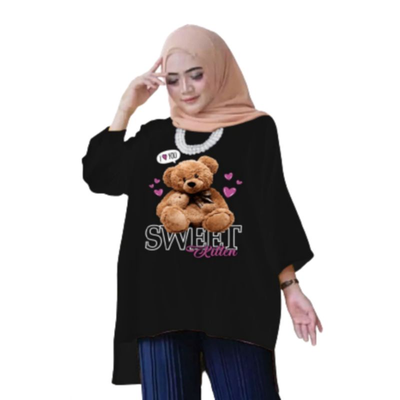 Tunik Wanita Oversize XXL LD 130 Cm Tangan 3/4 Bahan Kaos Babyterry . Baju Wanita Jumbo Atasan Tunik Dewasa Big Size Terbaru 2023 Kekinian Viral Murah Sweet Kitten