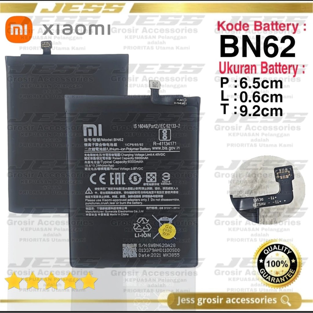 Baterai Battery Original Xiaomi BN62 BN-62 For Tipe HP REDMI 9T - M2010J19SG &amp; POCOPHONE POCO M3 - M2010J19CG