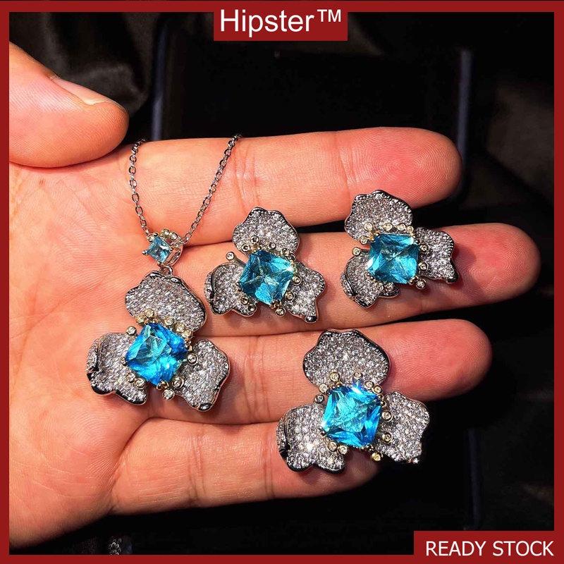 High-End Flower Dignified Generous Style Fashion Sapphire Ring High-Grade Necklace Set