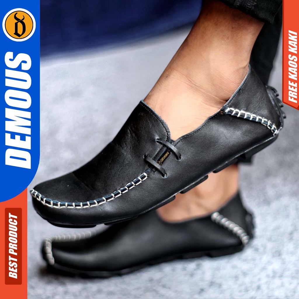 DEMOUS MOCCAS Sepatu Slip on Pria Santai Casual Formal Kulit Asli Kerja Kantor Kuliah Hitam-Coklat