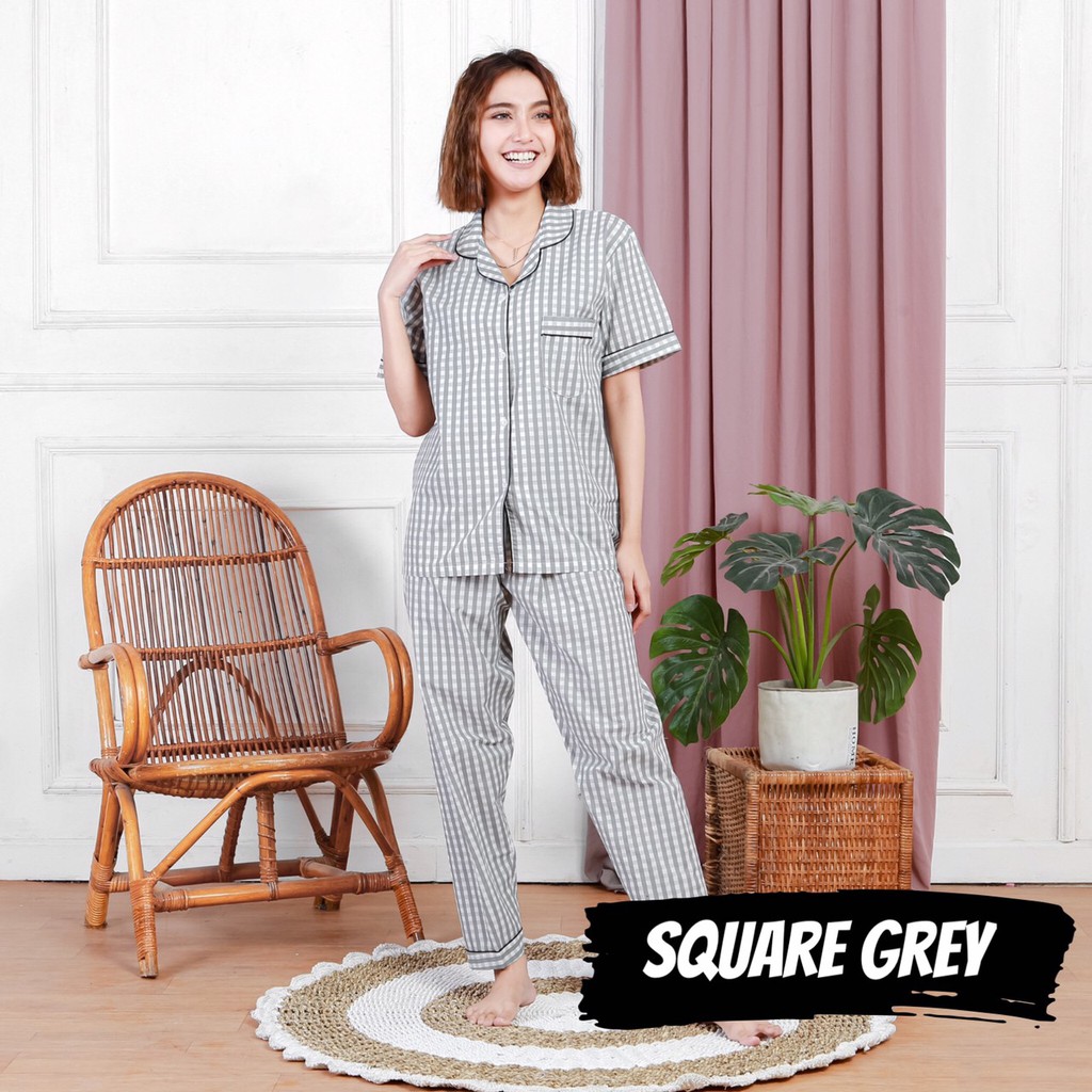 PIYAMA WANITA KATUN GARIS KOTAK POLOS / SQUARE VERTICAL baju tidur pajamas dewasa