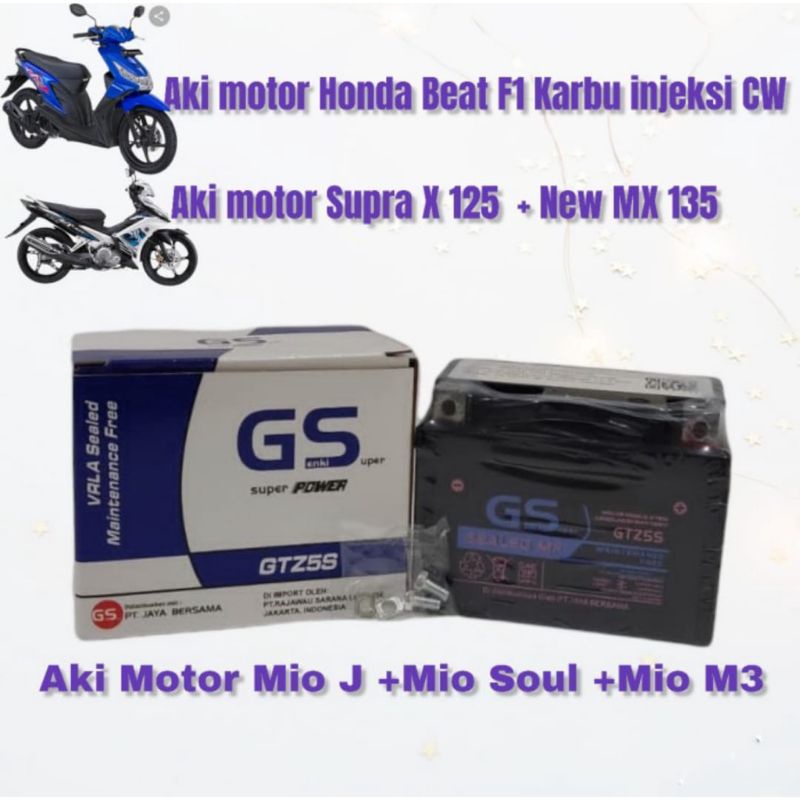 Aki GS motor beat,mio soul,vario 110,scoopy,spacy,revo,vixion,supra x 125,honda,kharisma,jupiter mx,mio m3,mio gt gtz5s gs golden sport murah