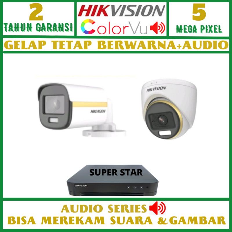 PAKET CCTV HIKVISION COLORVU 4 CHANNEL 2 KAMERA  5MP AUDIO SIANG MALAM BERWARNA