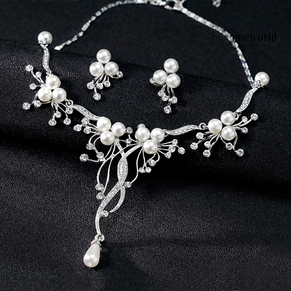 OW@ Rhinestone Faux Pearl Flower Necklace Earrings Women Wedding Jewelry Set