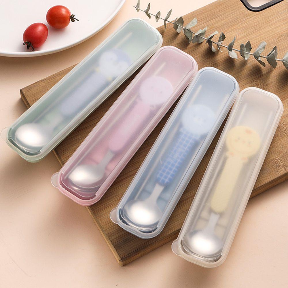 Solighter 2Pcs/Set Peralatan Bayi Bentuk Kartun Stainless Steel PP Handle Sendok Garpu Anak