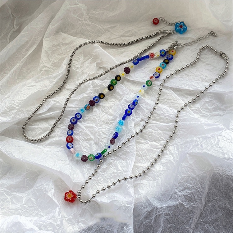 3PCS/Set Colorful Glass Beaded Flower Stacking Necklace Hip Hop Clavicle Chain