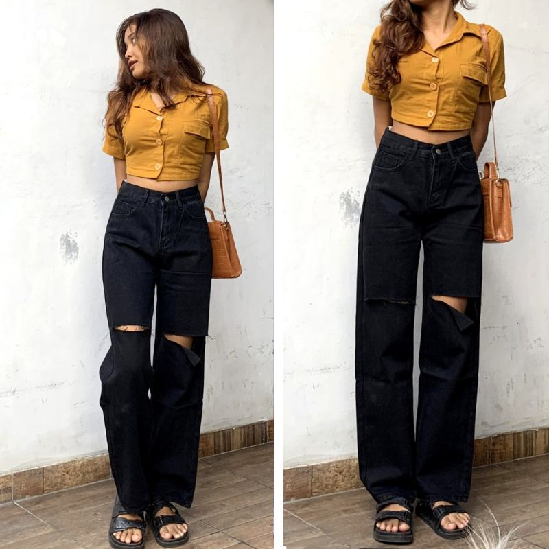 High waist kulot jeans wanita ripped /kulot jeans ripped