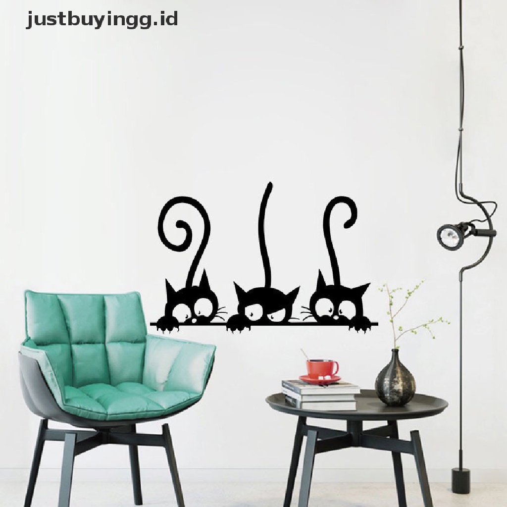 Stiker Dinding Desain Tiga Kucing Hitam Dapat Dilepas Untuk Dekorasi Kamar Tidur Anak