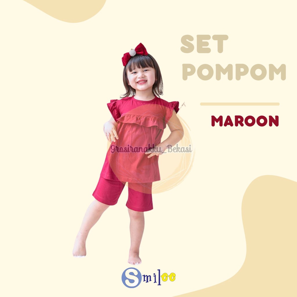 Setelan Anak Kaos Smilee Pompom Warna  Maroon size 1-5Thn