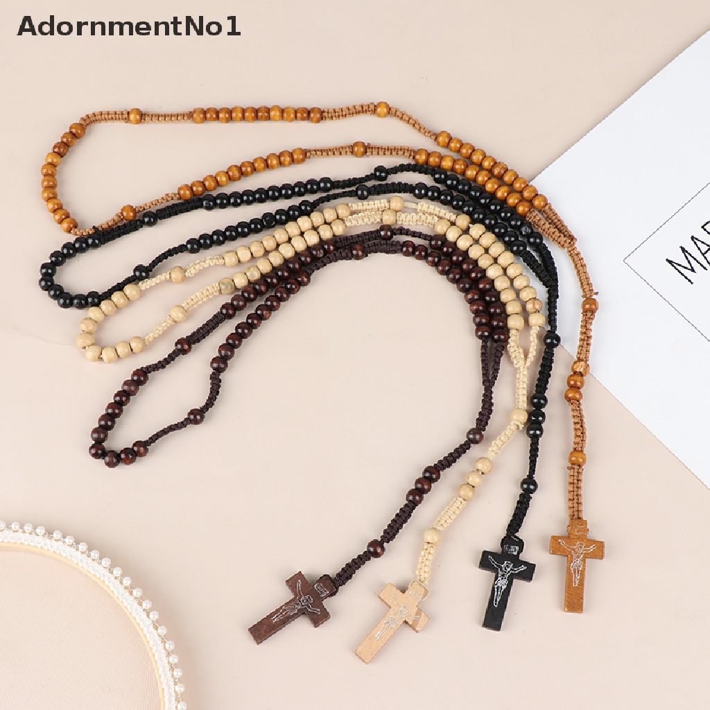 (AdornmentNo1) 1pc Kalung Rosario Katolik Manik Kayu Liontin Salib Yesus