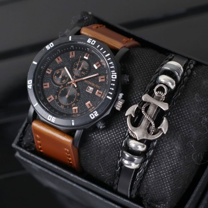 JAM TANGAN PRIA MONTBLANC KULIT CHRONO OFF TANGGAL AKTIF FREE GELANG