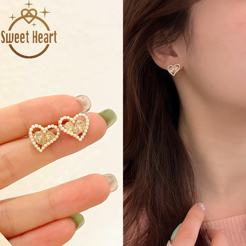 Anting Desain Hati Aksen Mutiara Gaya Korea Untuk Wanita