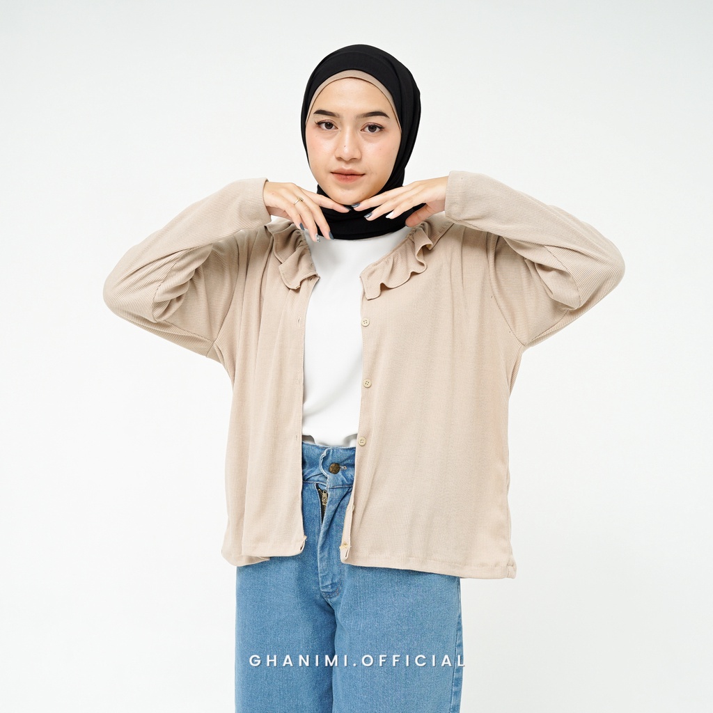 Ghanimi - Syira Cardigan / Outer Rajut Polos kerah ruffle / outer rib knit tebal kekinian / outer korean style / cardigan aesthetic