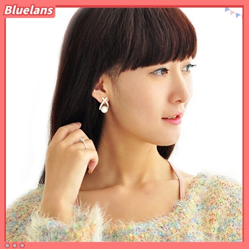 Bluelans Anting Tusuk Wanita Desain Salib Hias Mutiara + Berlian Imitasi Untuk Pernikahan / Hadiah