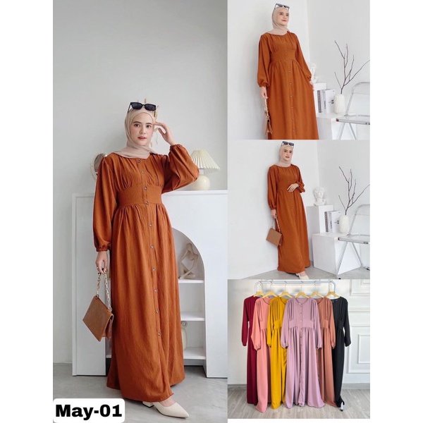 MAYAFI Gamis cringkel lesti full kancing lengan balon