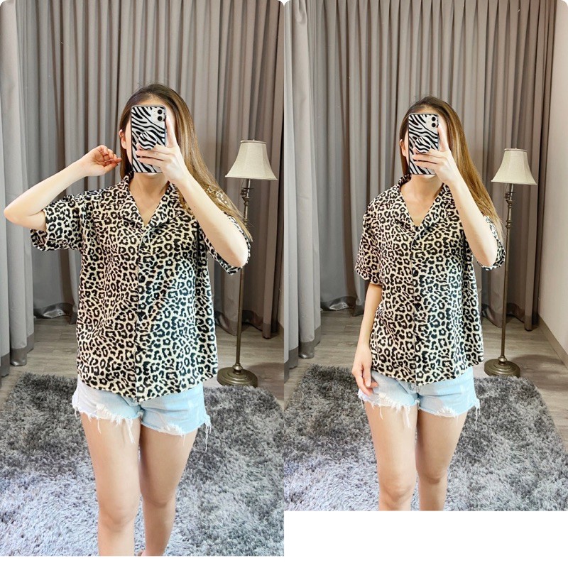 kemeja casual wanita lengan pendek motif leopard abu K 85460