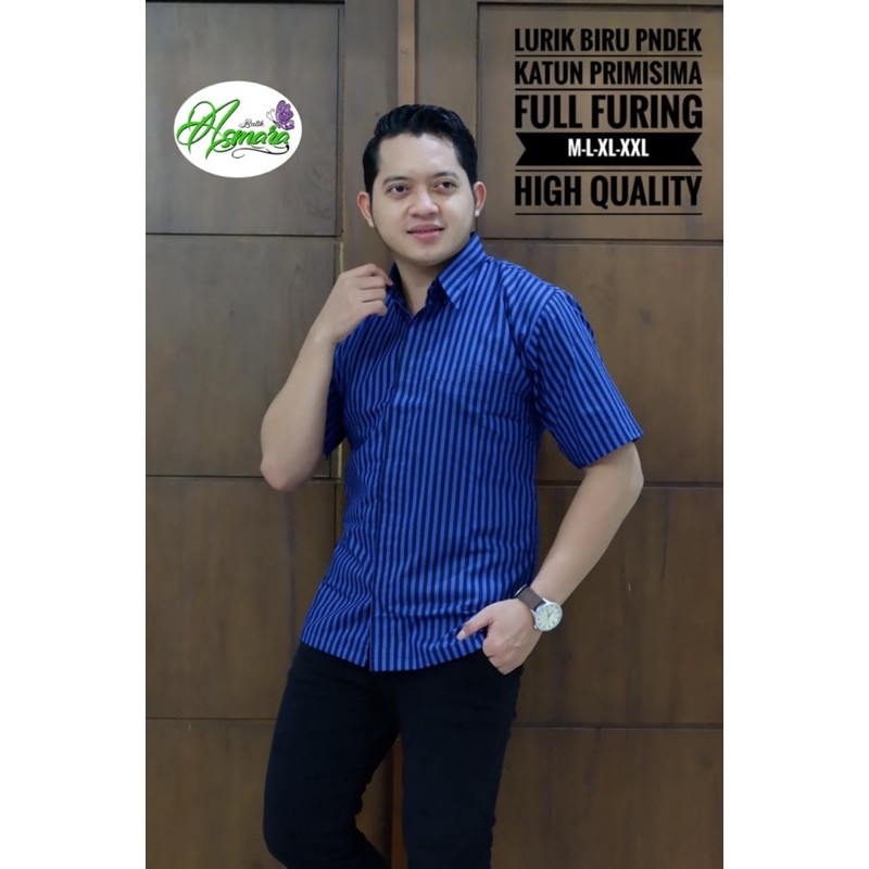 KEMEJA PRIA LURIK BIRU LAPIS FURING KATUN HALUS SRAGENAN SIZE M-XXL HIGH QUALITY