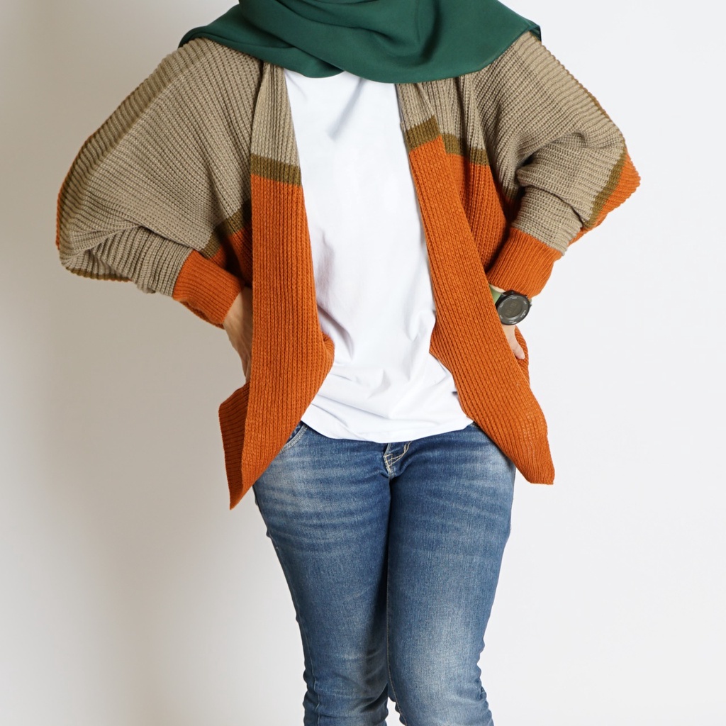 CARDIGAN BATWING RAJUT OVERSIZE PREMIUM / KOMBINASI / KHAKI CORAL STRIP BRONZE