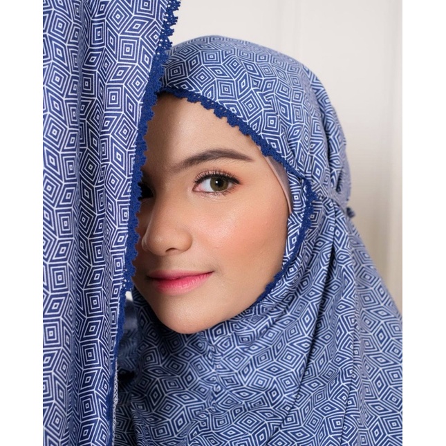 Mukena Katun Jepang Ori Zlassica Origami Navy Renda Putih