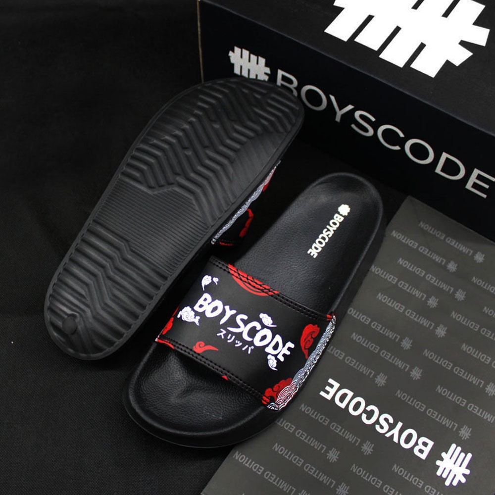 Sandal Selop Distro Pria Wanita Original BOYSCODE Akatsuki Cloud Hitam Merah / Sandal Slop Pria / Sandal Slide Pria