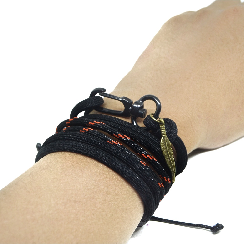 Gelang Set Pria Keren Paracord Jangkar Hitam Orange Charm Feathers