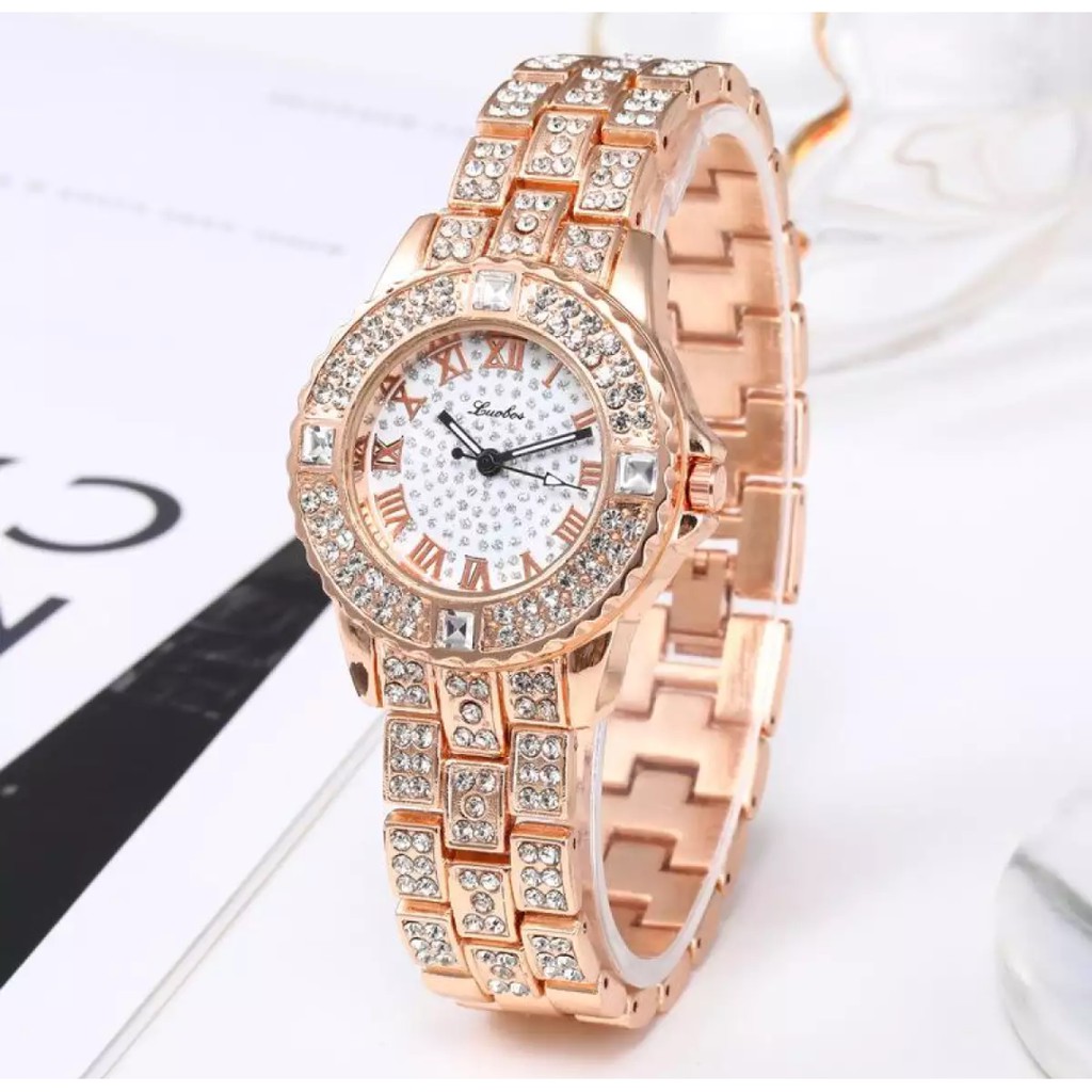 Jam  tangan Mewah diamond tali rantai-Jam tangan wanita tahan air - waterproof anti karat stainless-Rose Gold