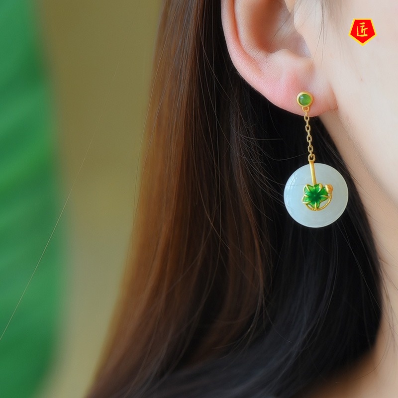 [Ready Stock]Lotus Inlaid Hetian Jade Earrings Pendant Ring Bracelet Set