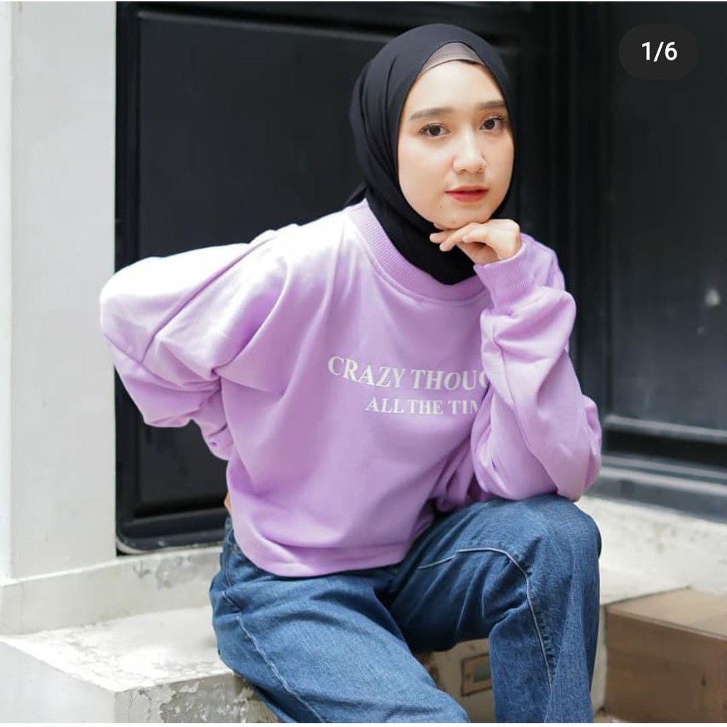 (REAL PICT) CRAZY THOUGHTS SWEATER WANITA BEST SELLING OVERSIZE BATWING Crop