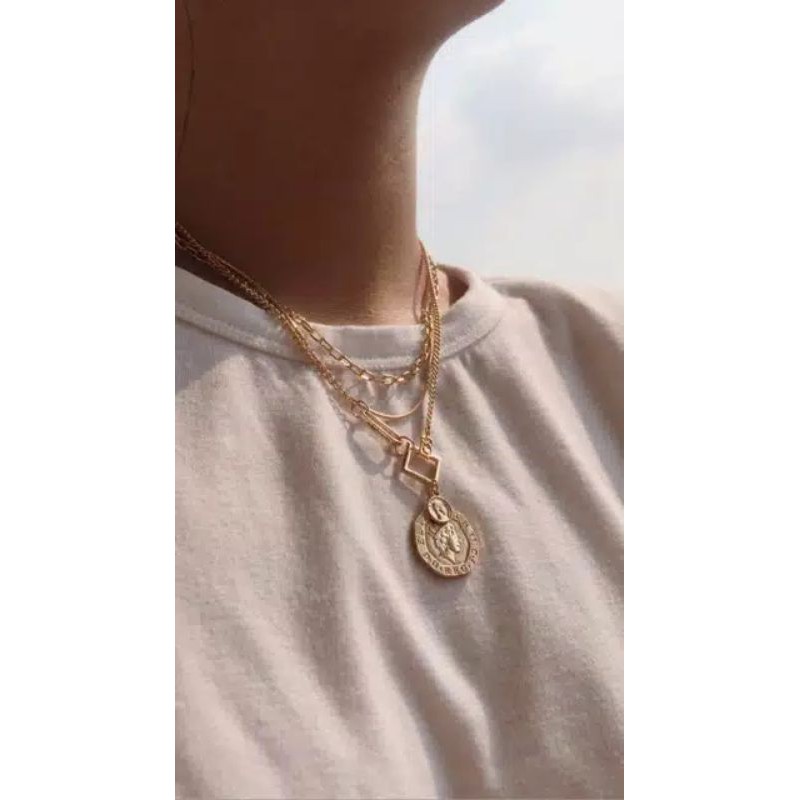 Kalung Rantai Cantik Unik Fashion Lucu Akesoris Necklace 3 Layer