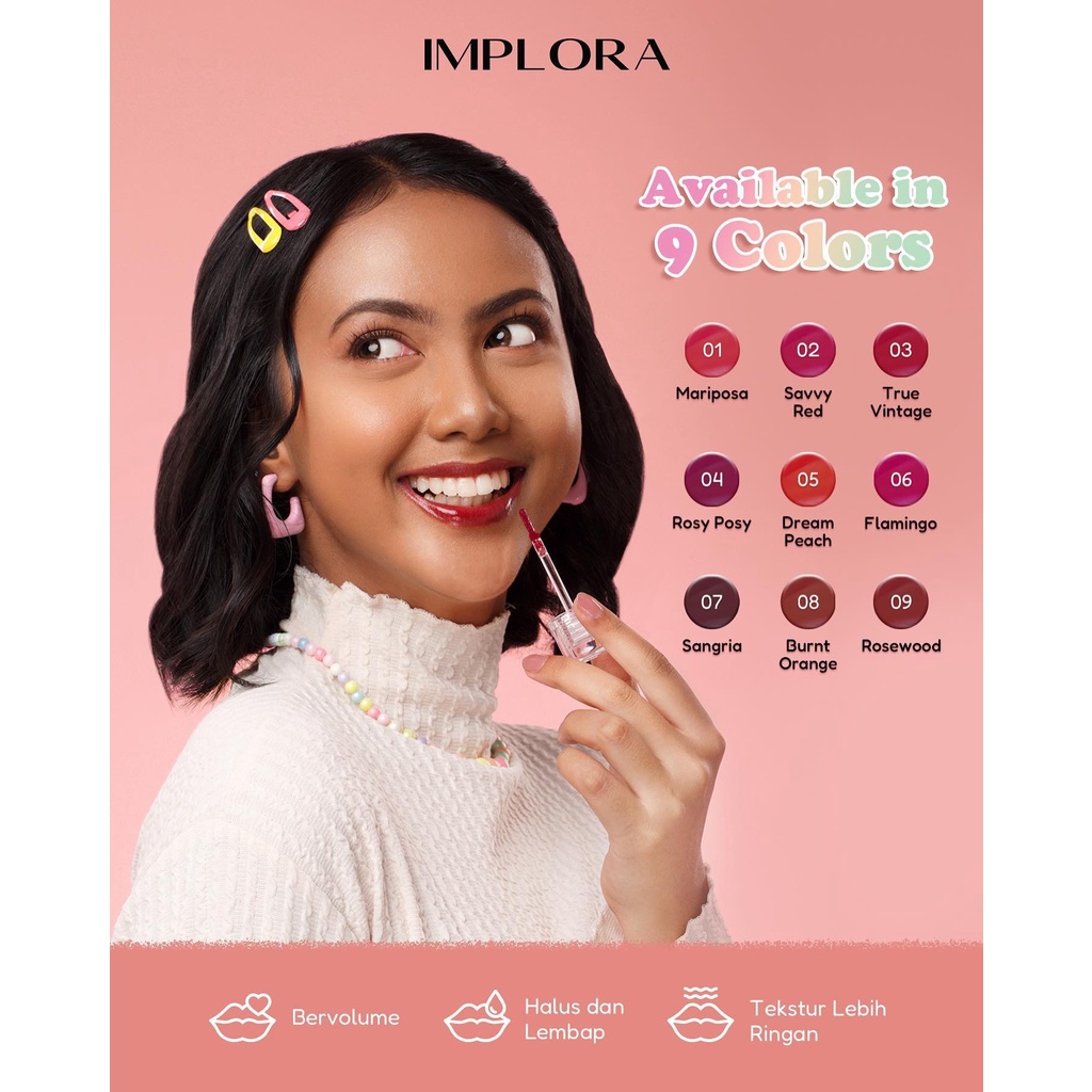 IMPLORA Jelly Tint Indonesia / Juicy Plumpy Lips 5ml / Vitamin E Peptide Omega 3, 6, 9 / Bibir Tampak Bervolume Halus Melembabkan Kulit Bibir Skincare Infused #ApprovedByMe / Transferproof Long Lasting / Cosmetic Lip Makeup Lipstick LipTint / Glossy Gloss