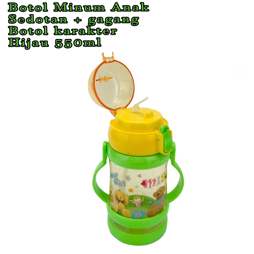 Botol minum berkarakter * Botol minum sedotan dan gagang * Power girl  Hijau * 550ml