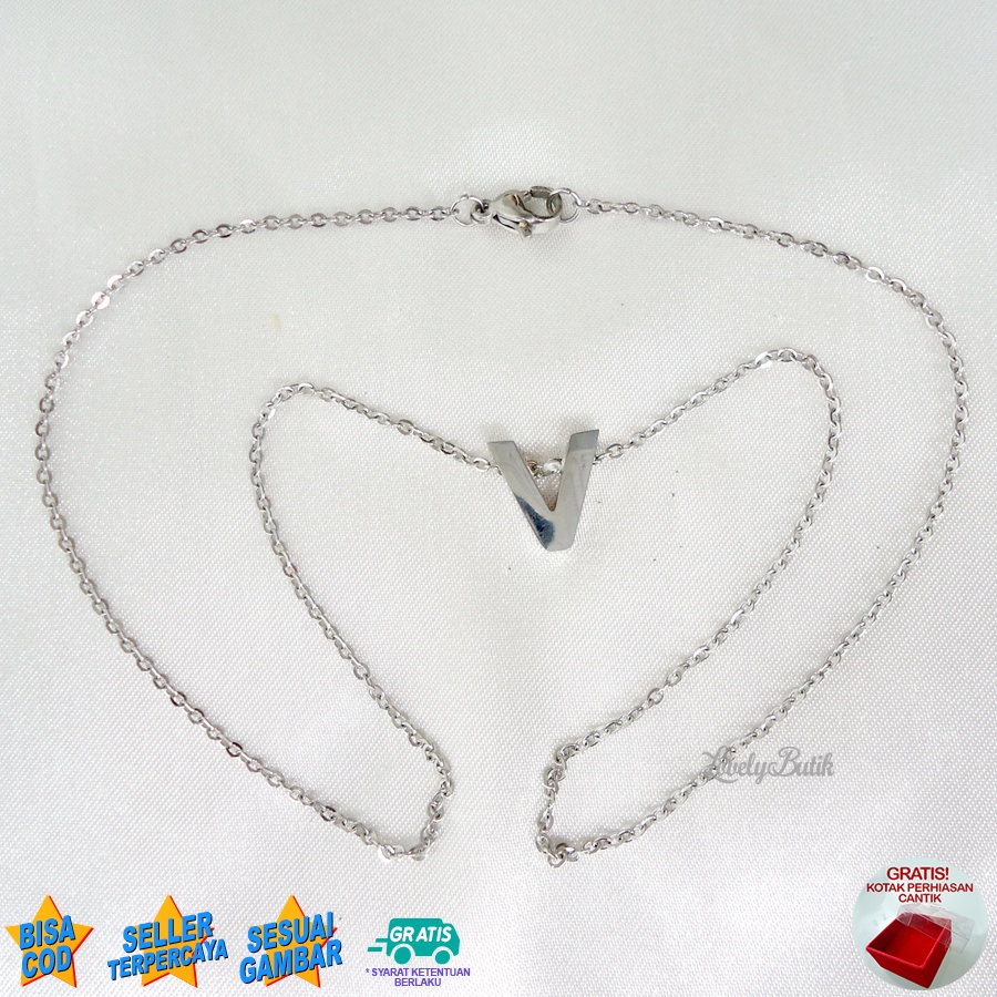 Lovelybutik Kalung Titanium Inisial Abjad Nagita 4ccent Kalung Alfabet Huruf Titanium J,K,PV,W Warna Silver Bonus Kotak Perhiasan