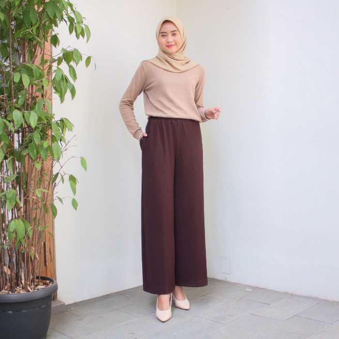 Promo Aqila Kulot | Celana Kulot Panjang Wanita Bahan Lemon Knit - Nude Elegan