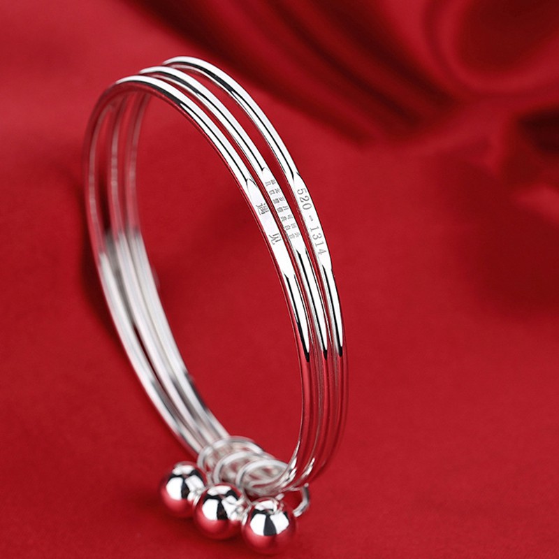 925 Sterling Silver Gelang Wanita Tiga Lingkaran Bell Gelang Fashion Jewelry