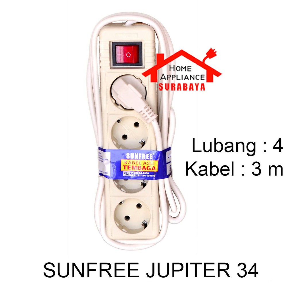 Stop Kontak Arde Saklar SNI Kabel 3 Meter 4 Lubang Sunfree Jupiter 34