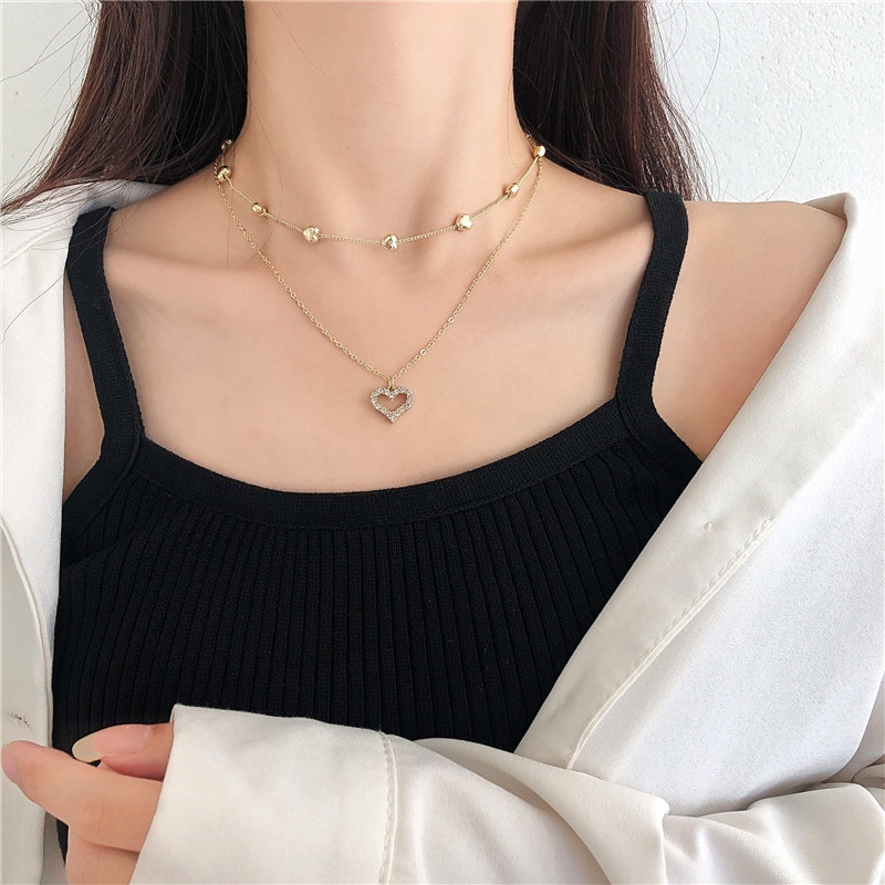 Kalung Choker Rantai Klavikula Hias Liontin Hati Kristal Multilayer Gaya Korea Untuk Wanita