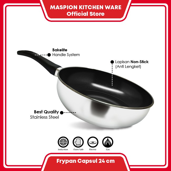 Frypan Maspion Wok 26cm + Tutup kaca SS-P311 Wajan Penggorengan stanless steel anti lengket