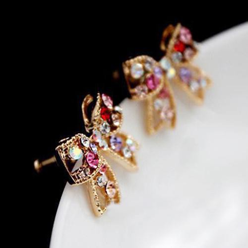 [Bayar Di Tempat]Kristal Emas Tone Ikatan Simpul Busur Ear Studs Charm