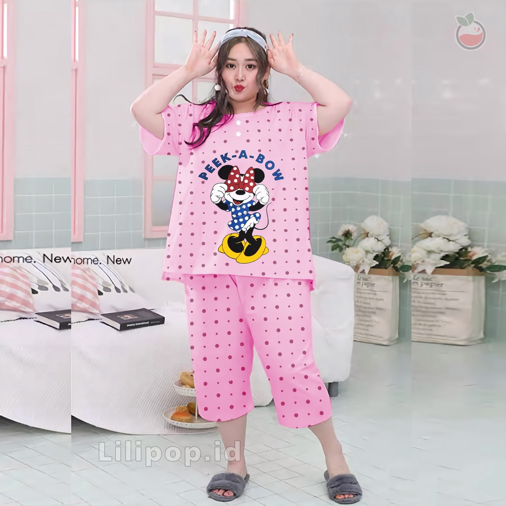 Lilipop.id  Baju Tidur Wanita Peek Bow 3/4 Jumbo Celana Pendek XXXL Baby Doll Bahan Kaos